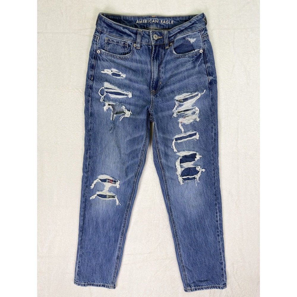 American Eagle Jeans Womens 2 Blue High Rise‎ Mom Straight Distressed Patches